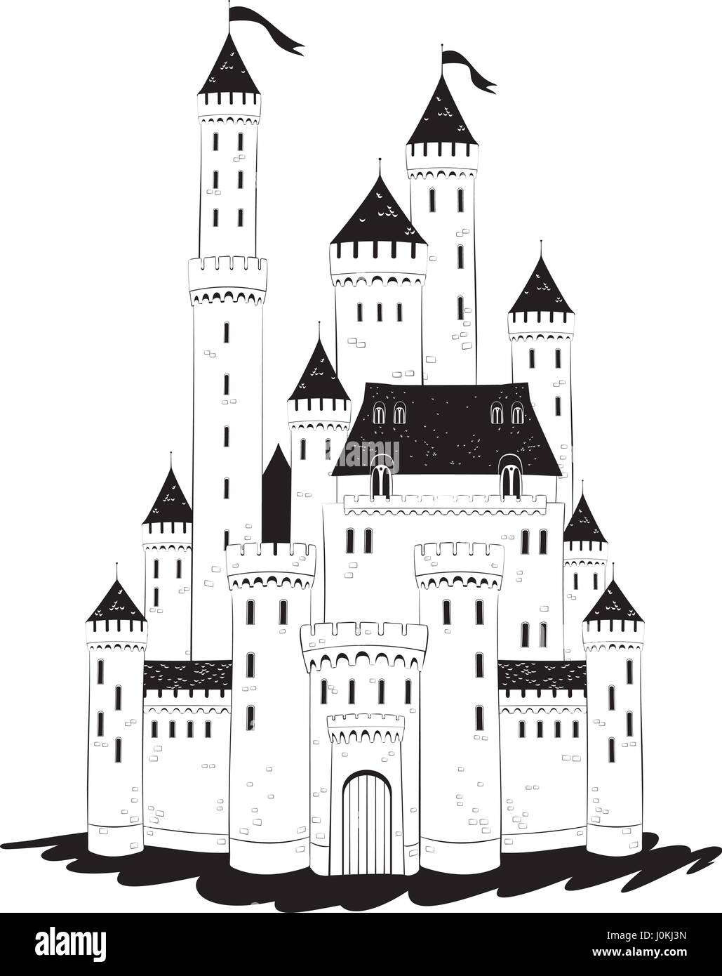 Medieval castle draw with walls and towers. Vector illustration Stock Vector