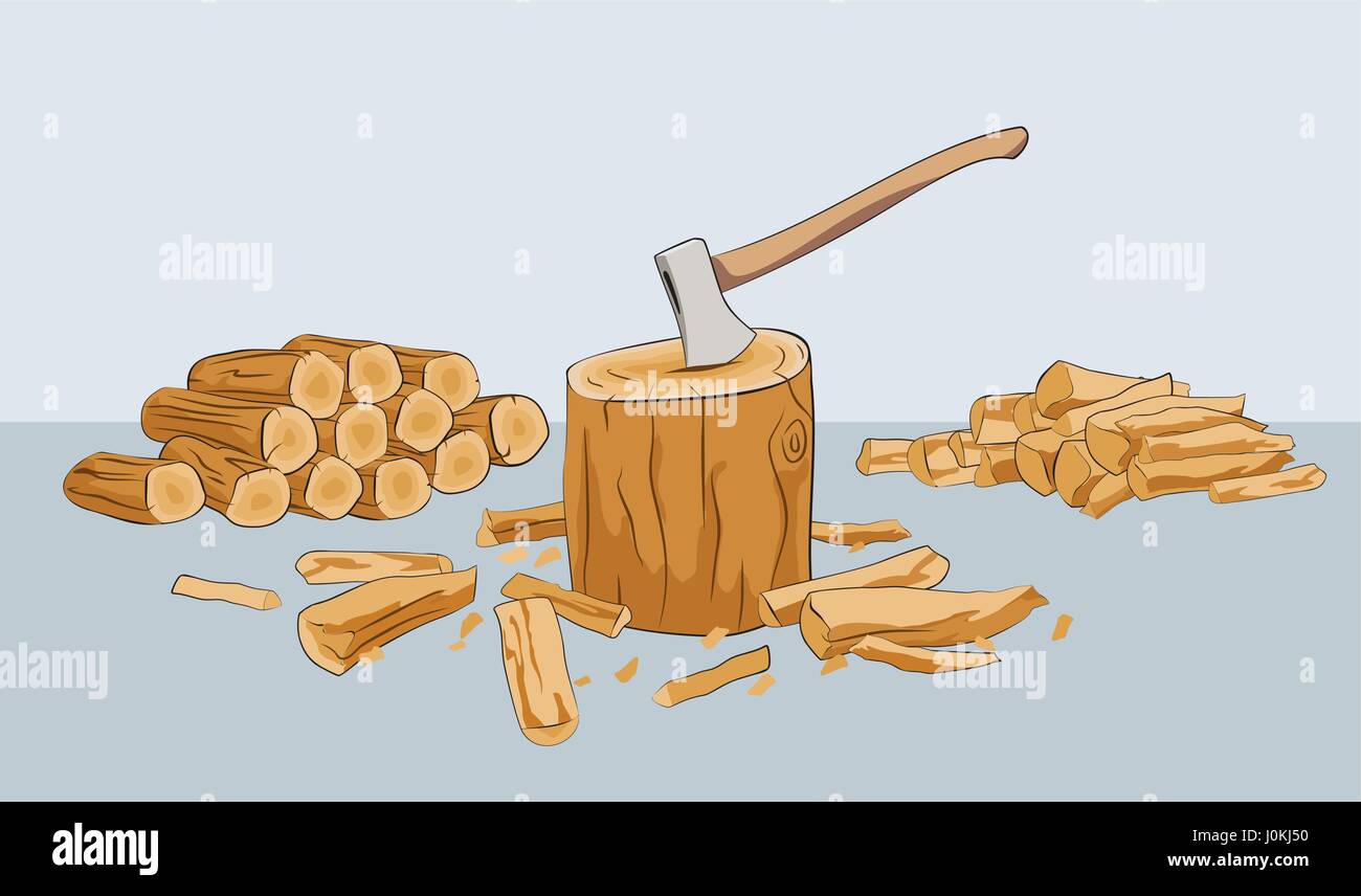 Chopped firewood logs with stump and axe. Vector illustration Stock Vector