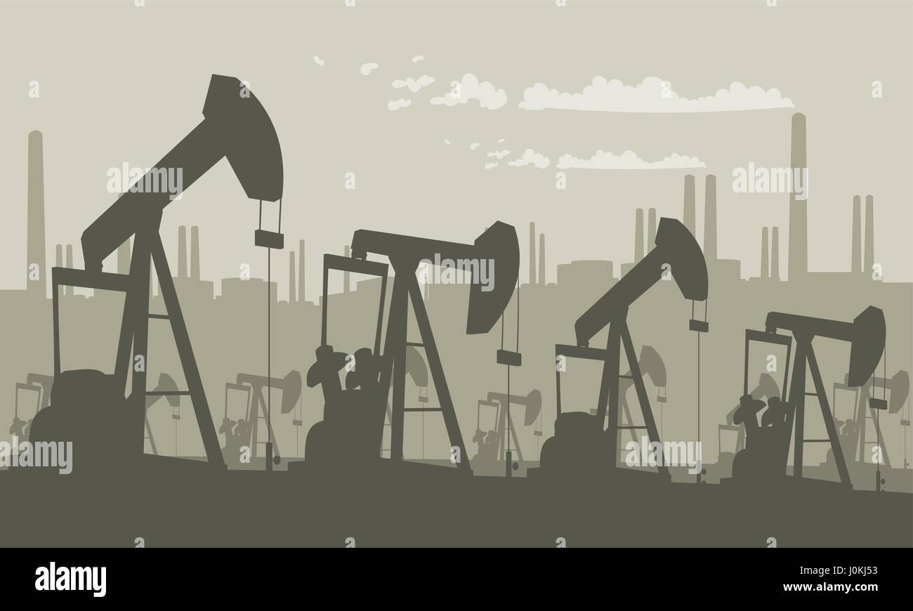 Oil pumps on field with rafinery silhouette. Petroleum industry equipment. Vector illustration Stock Vector