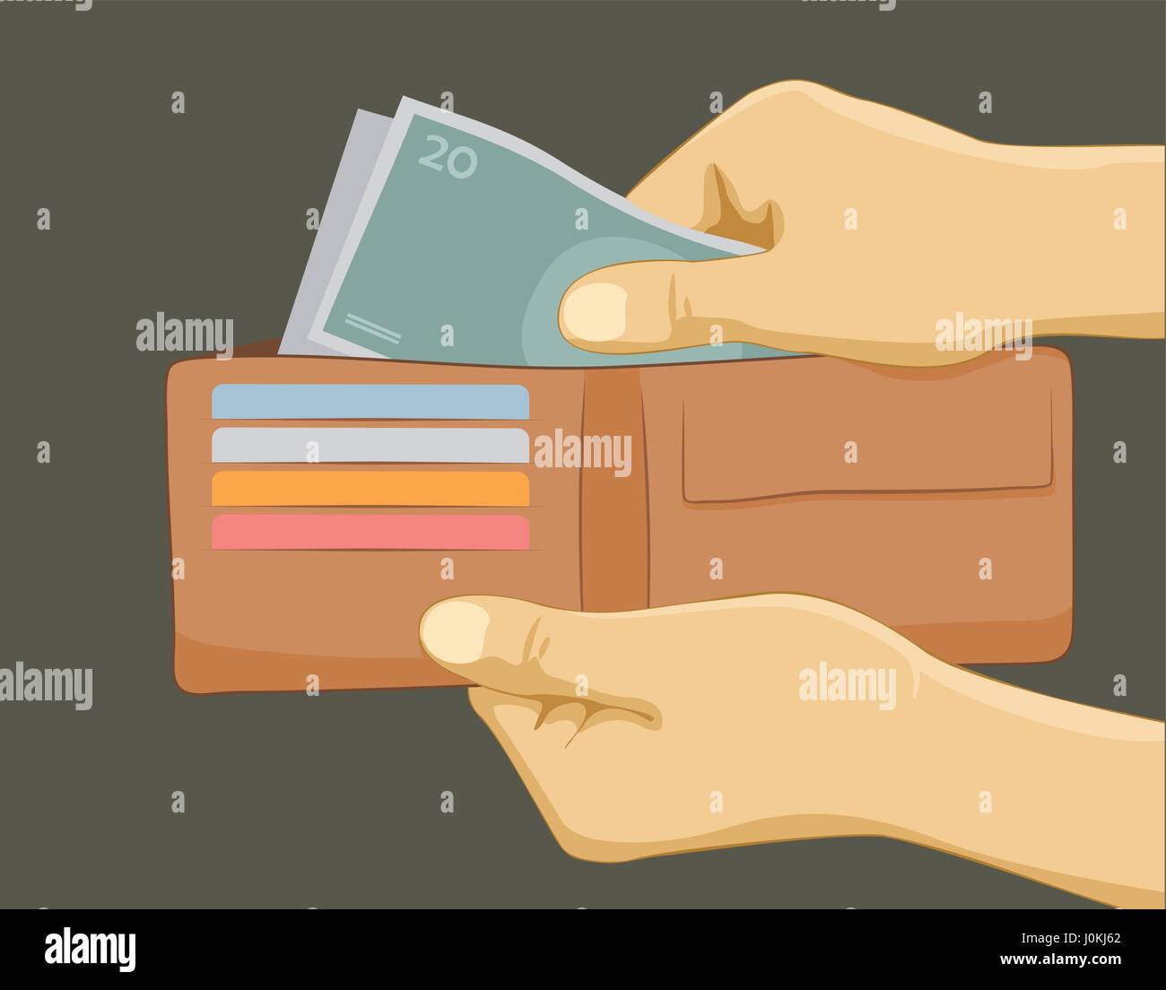 Hand putting money in wallet. Paying with cash concept. Flat vector illustration Stock Vector