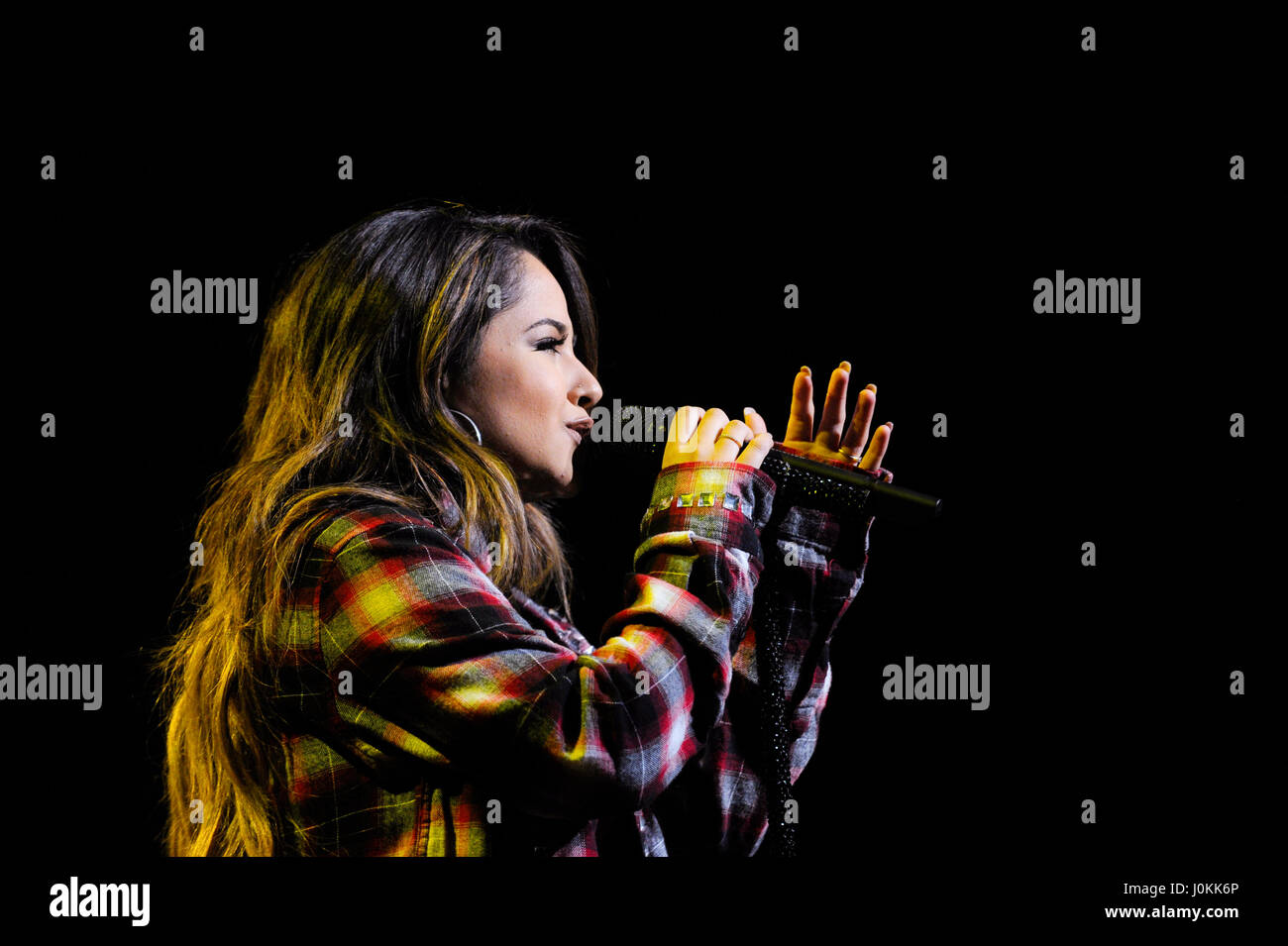 Singer Becky G performs live at The Salvation Army #|#Rock The Red Kettle#|# Concert at Microsoft Theater on December 5th, 2015 in Los Angeles, California. Stock Photo
