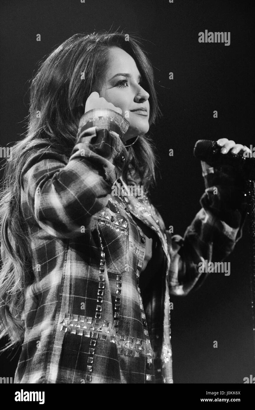 Singer Becky G performs live at The Salvation Army #|#Rock The Red Kettle#|# Concert at Microsoft Theater on December 5th, 2015 in Los Angeles, California. (Digitally altered black and white) Stock Photo
