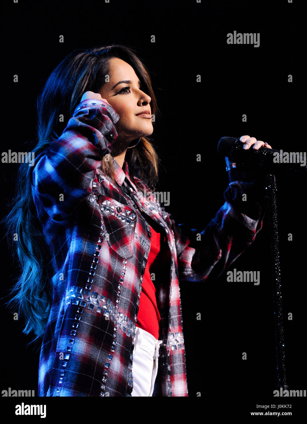 Singer Becky G performs live at The Salvation Army #|#Rock The Red Kettle#|# Concert at Microsoft Theater on December 5th, 2015 in Los Angeles, California. Stock Photo