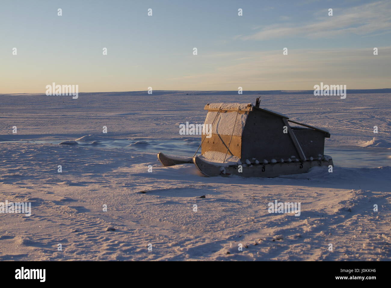 Komatiq or Inuit sled in the community of Cambridge Bay in the Canadian high arctic Stock Photo