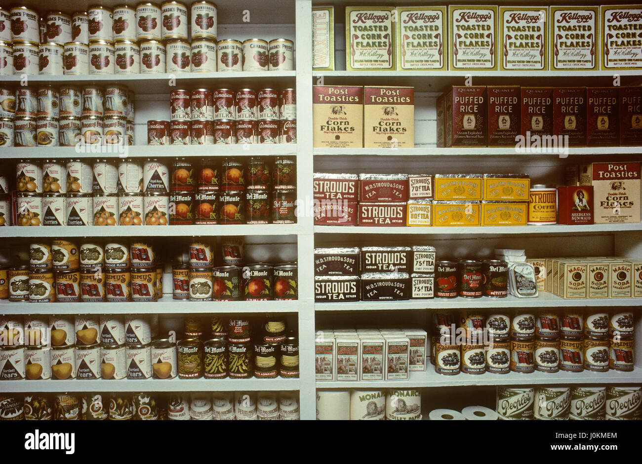 Closeup of general store shelves, Compton, Quebec, Canada Stock Photo