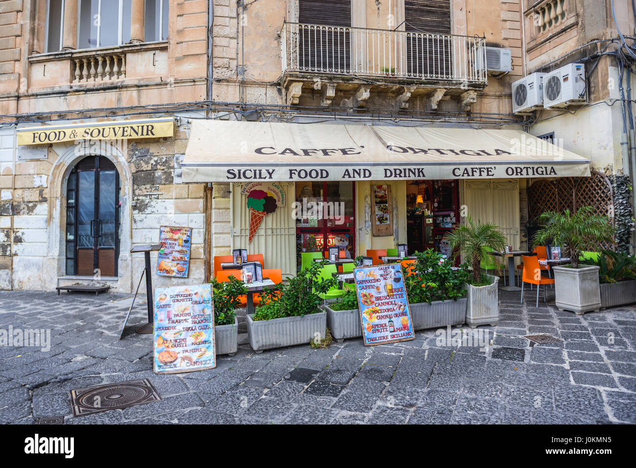 Caffe Ortigia on the Ortygia island, historical part of Syracuse city, southeast corner of the island of Sicily, Italy Stock Photo