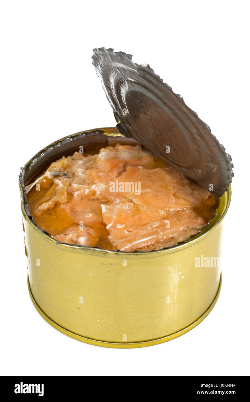 Canned fish salmon or tuna in open metal can. Studio Photo Stock Photo