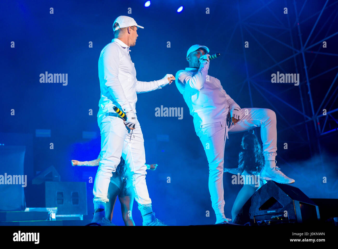 BENICASSIM, SPAIN - JUL 14: Major Lazer (electronic music band composed of record producer Diplo, Jillionaire and Walshy Fire) perform in concert at F Stock Photo