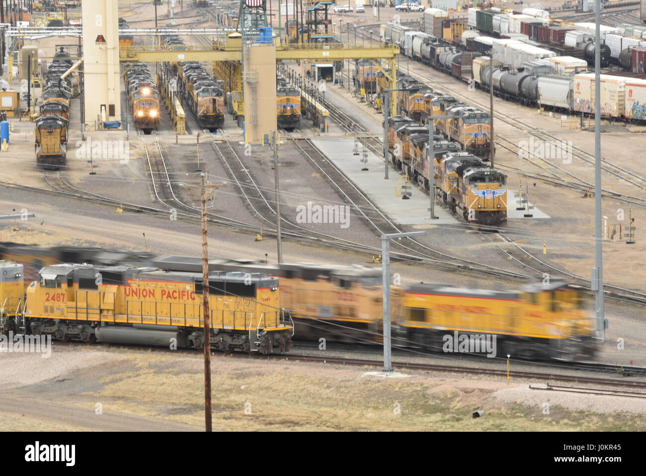 Bailey Train yard, the world's largest train classification yard, viewed from the observation deck at the Golden Spike Tower, North Platte, Nebraska. Stock Photo