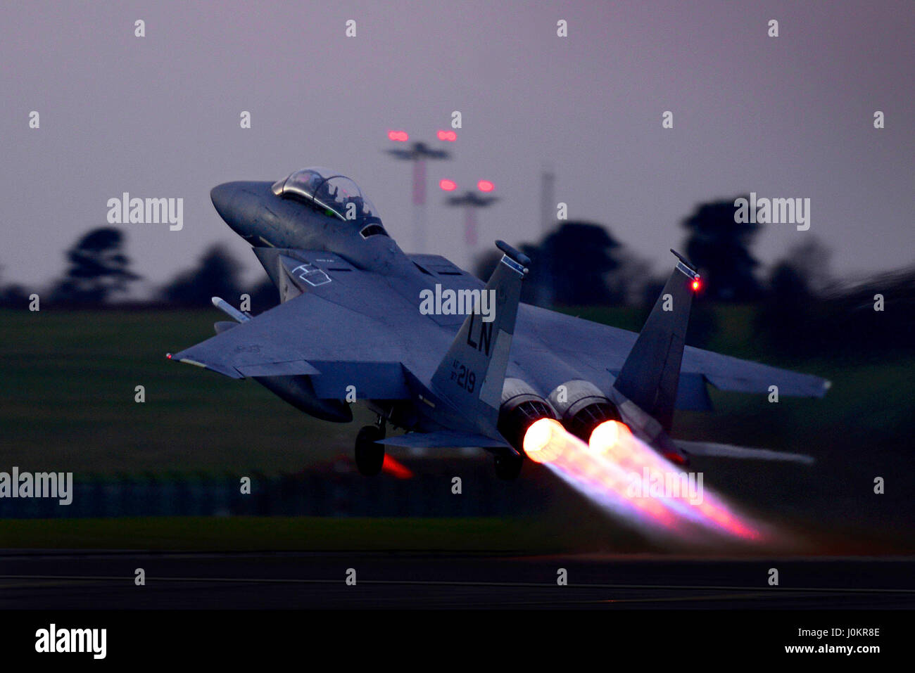 A 492nd Fighter Squadron’s F-15E Strike Eagle takes off from Royal Air Force Lakenheath, England Stock Photo