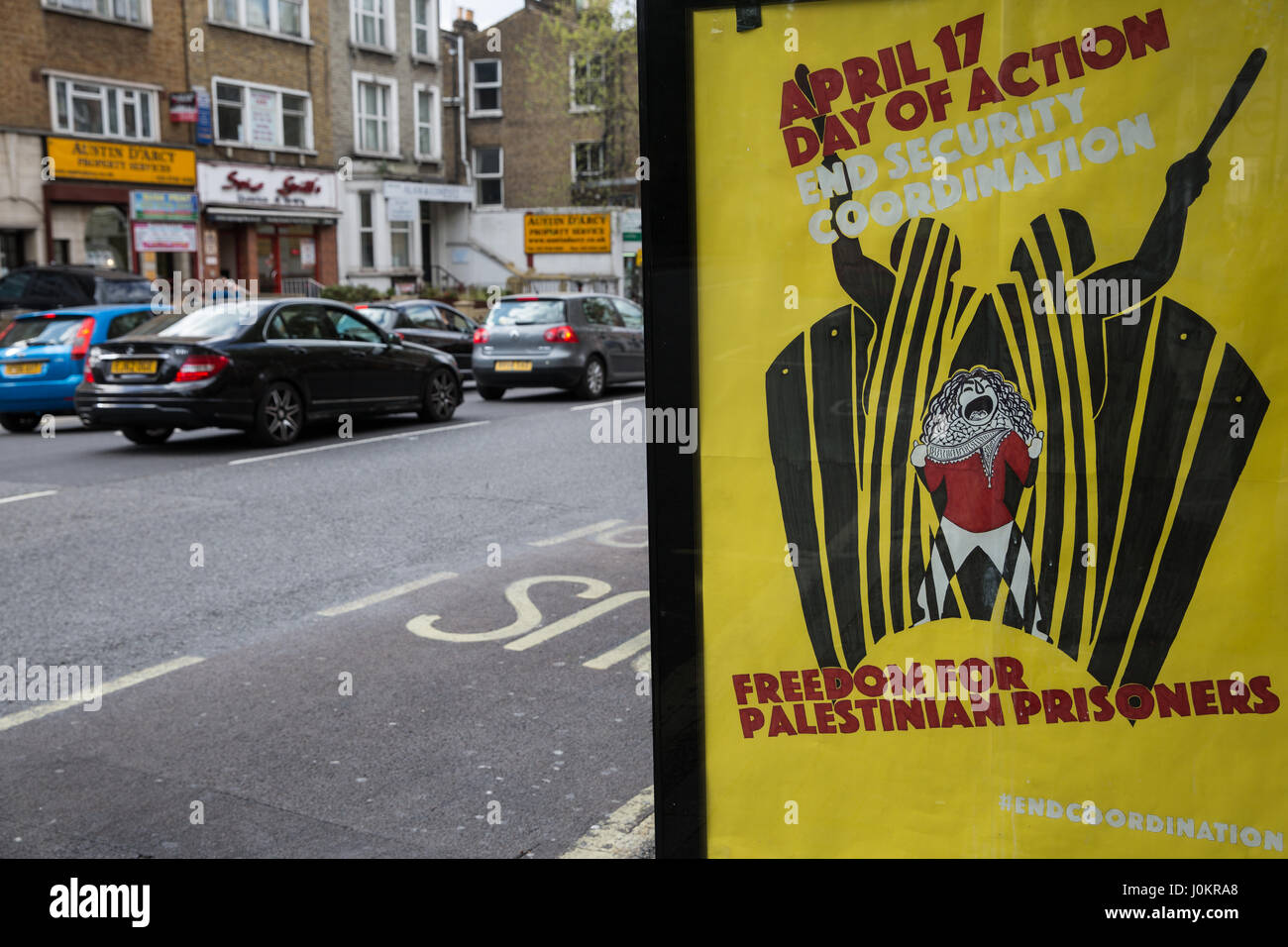London, UK. 13th April, 2017. A protest stencil in West London for a day of action to coincide with Palestinian Prisoners' Day on 17th April. It calls Stock Photo