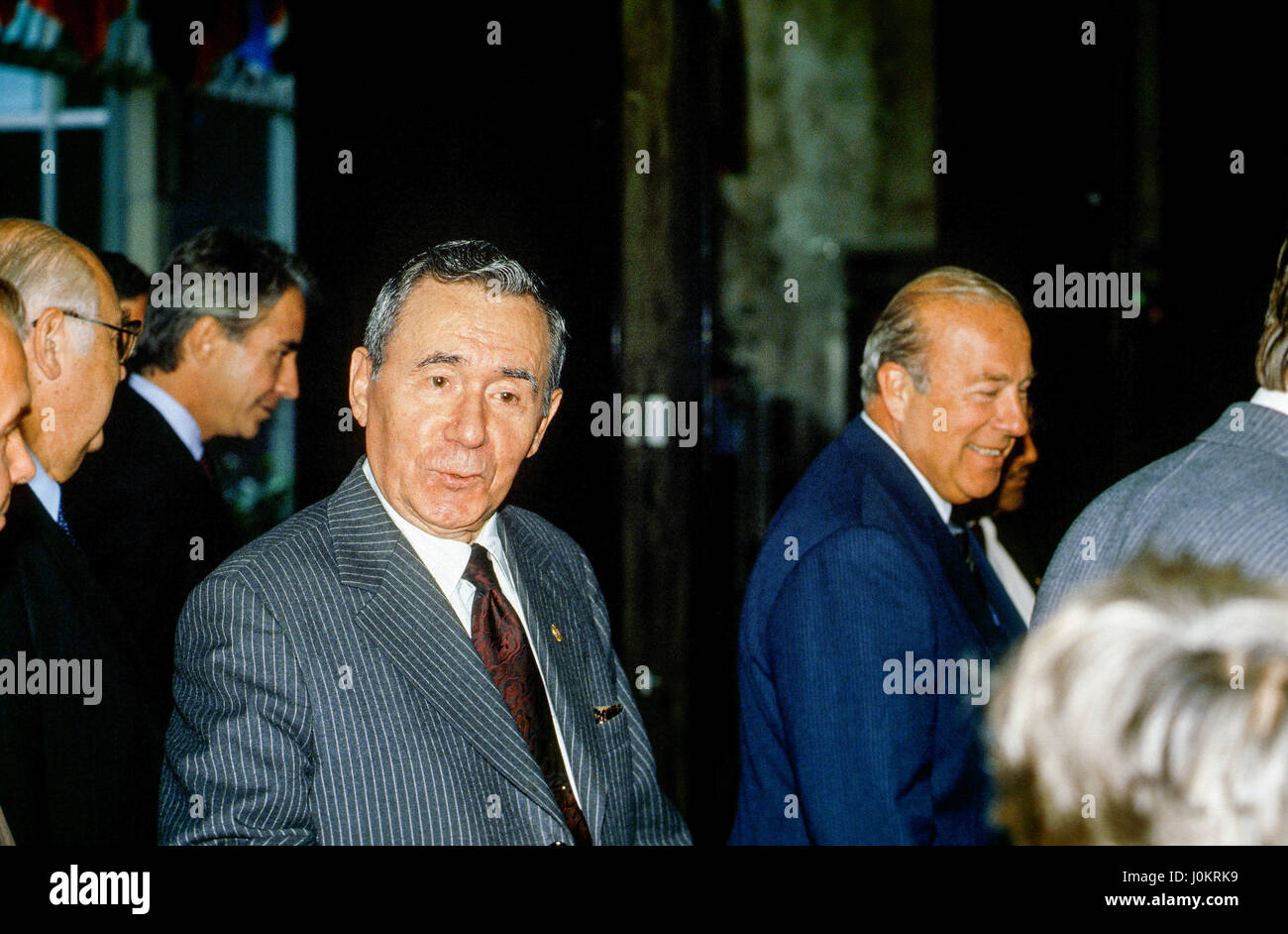 Andrei Gromyko the Soviet Foreign Minister and Soviet Ambassador to the United States Anatoly Dobrynin are escorted out of the State Department to their cars by Secretary of State George Schultz after a series of meetings, Washington DC., September 29, 1984.  Photo by Mark Reinstein Stock Photo