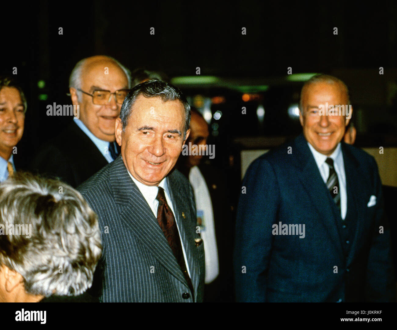 Andrei Gromyko the Soviet Foreign Minister and Soviet Ambassador to the United States Anatoly Dobrynin are escorted out of the State Department to their cars by Secretary of State George Schultz after a series of meetings, Washington DC., September 29, 1984.  Photo by Mark Reinstein Stock Photo
