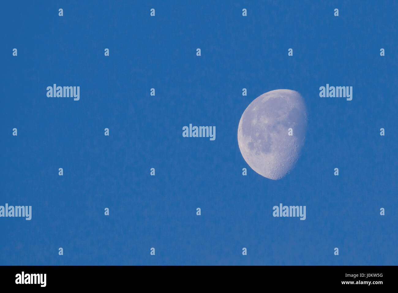 Waxing Gibbous Moon in blue sky showing craters, with copy space for text. Stock Photo