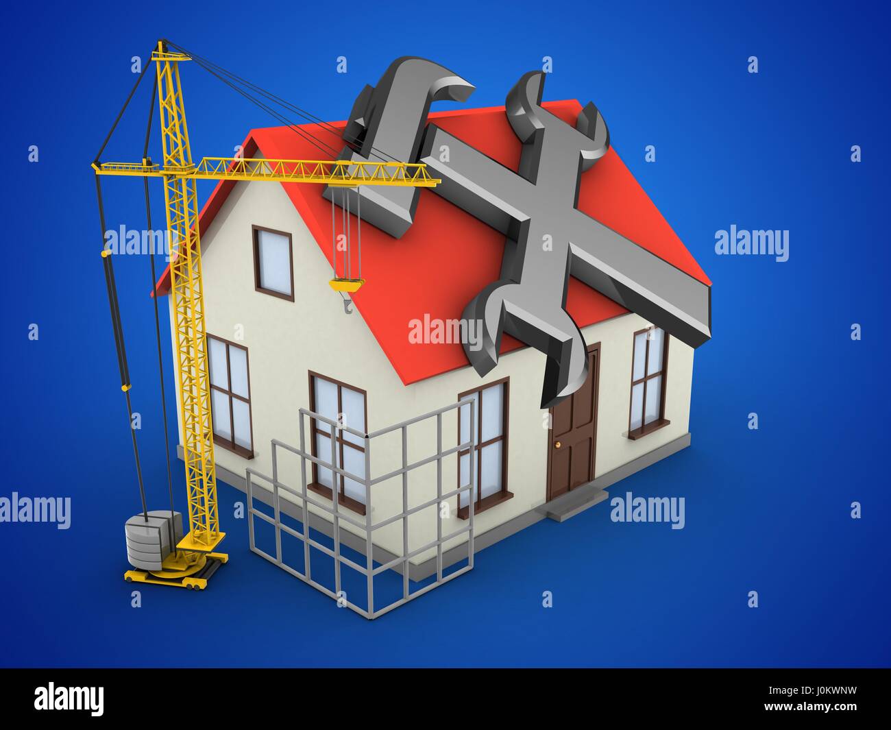 3d illustration of generic house over blue background with repair ...