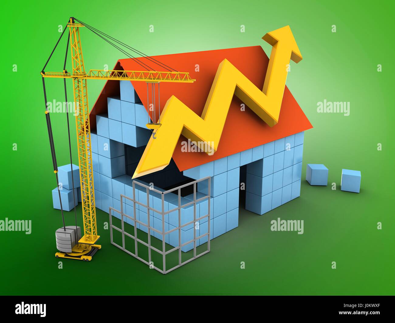3d illustration of block house over green background with arrow graph ...