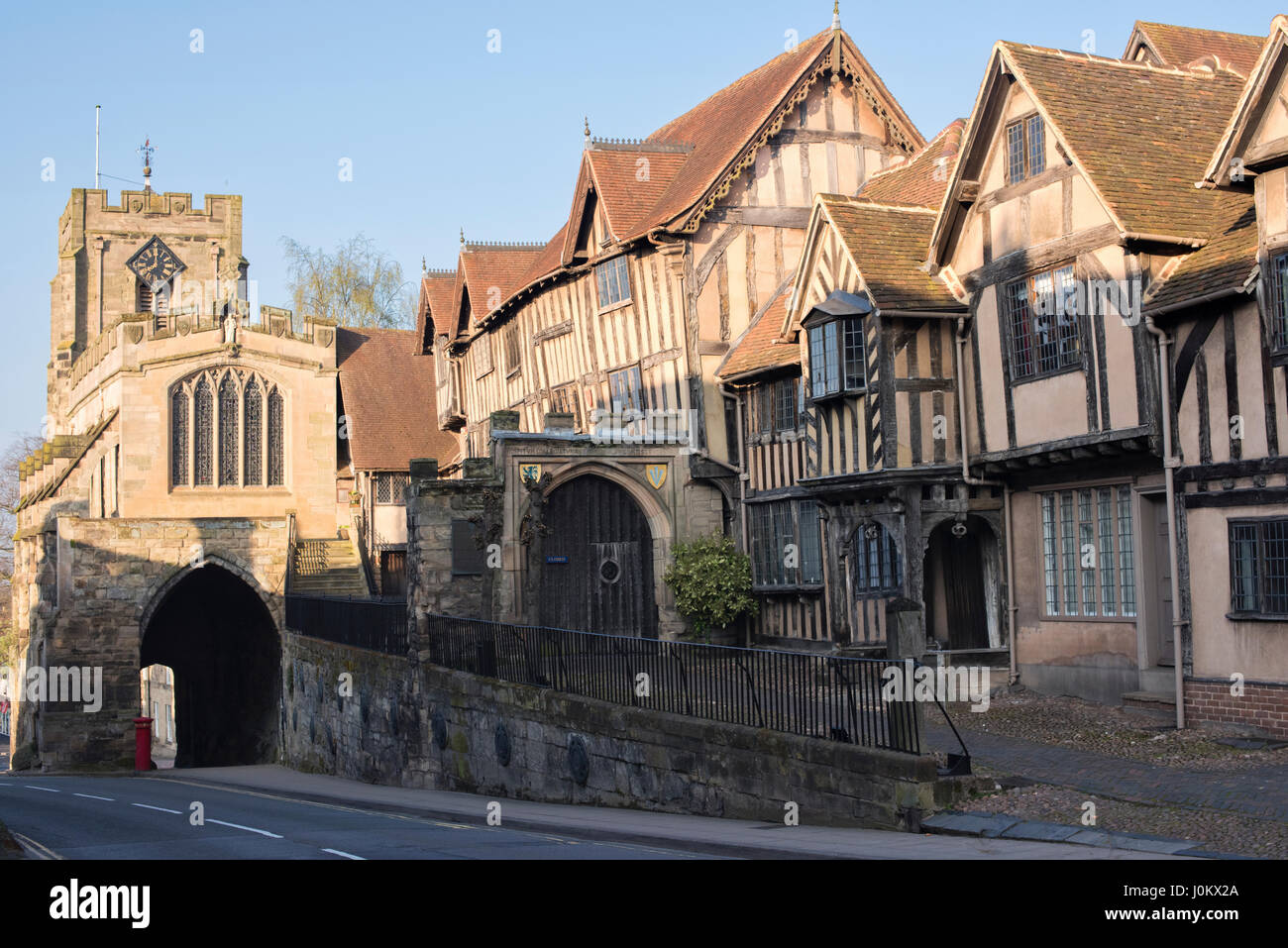 Lord Leycester hospital and St James Chapel West Gate. Historic group of timber-framed buildings on Warwick High Street. Warwick, Warwickshire, UK Stock Photo