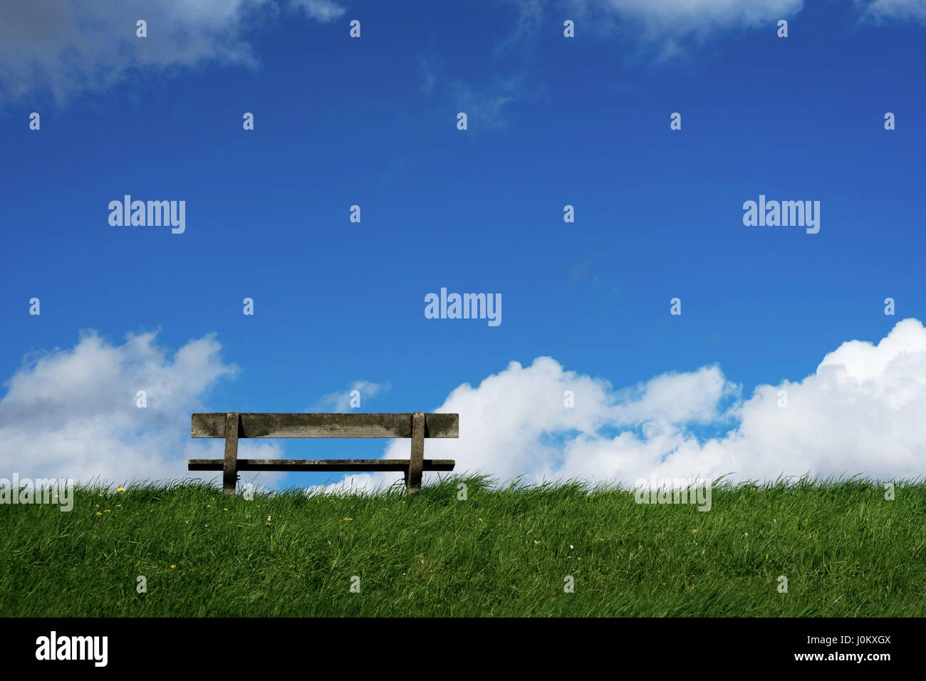 Bench Region Bench in the sun at the river Elbe in Altes Land, Germany, the biggest ...