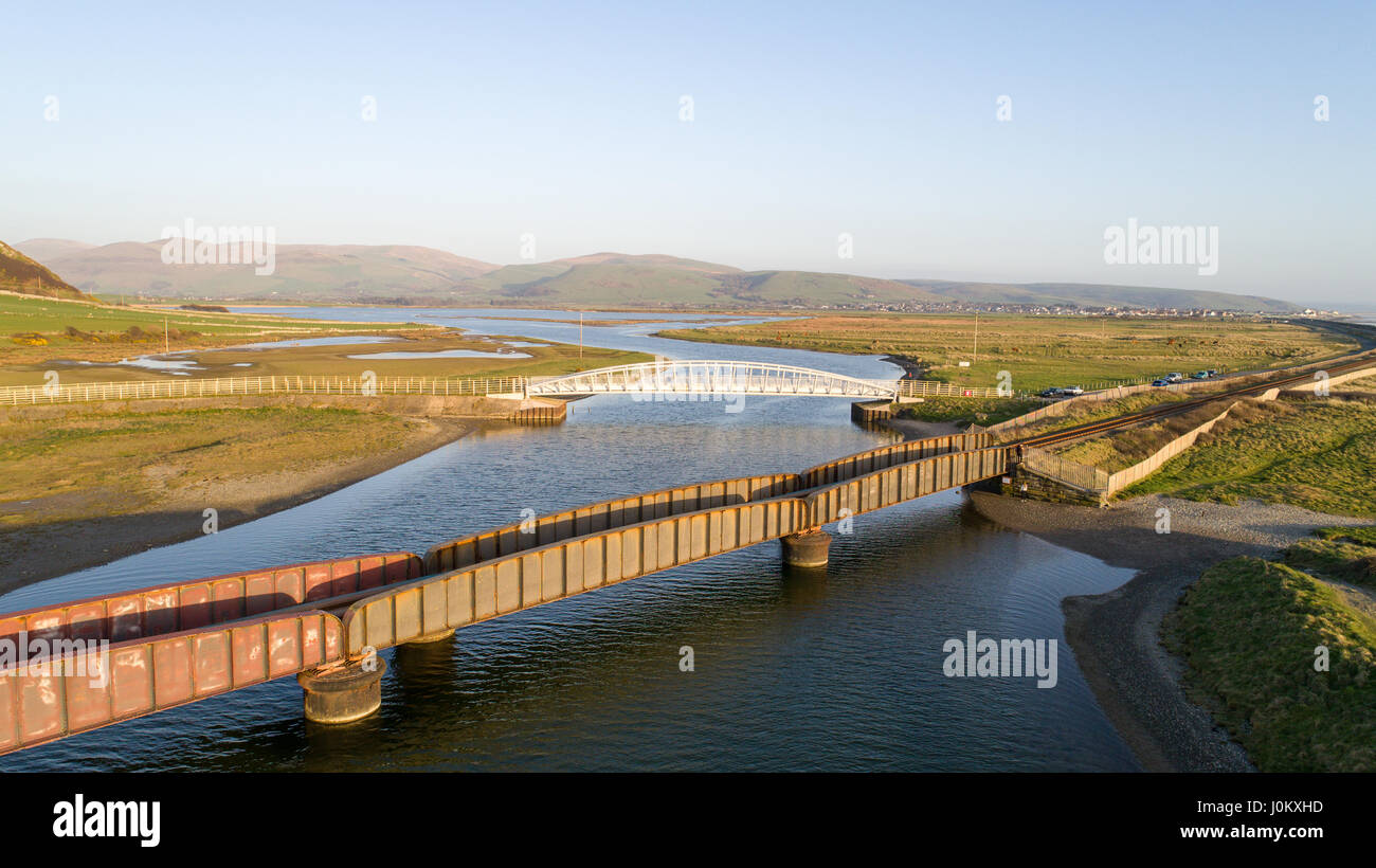 Aerial photographs of Bailey Bridge & Dysynni River in Tywyn. Taken with a Drone by Professional Operators Stock Photo