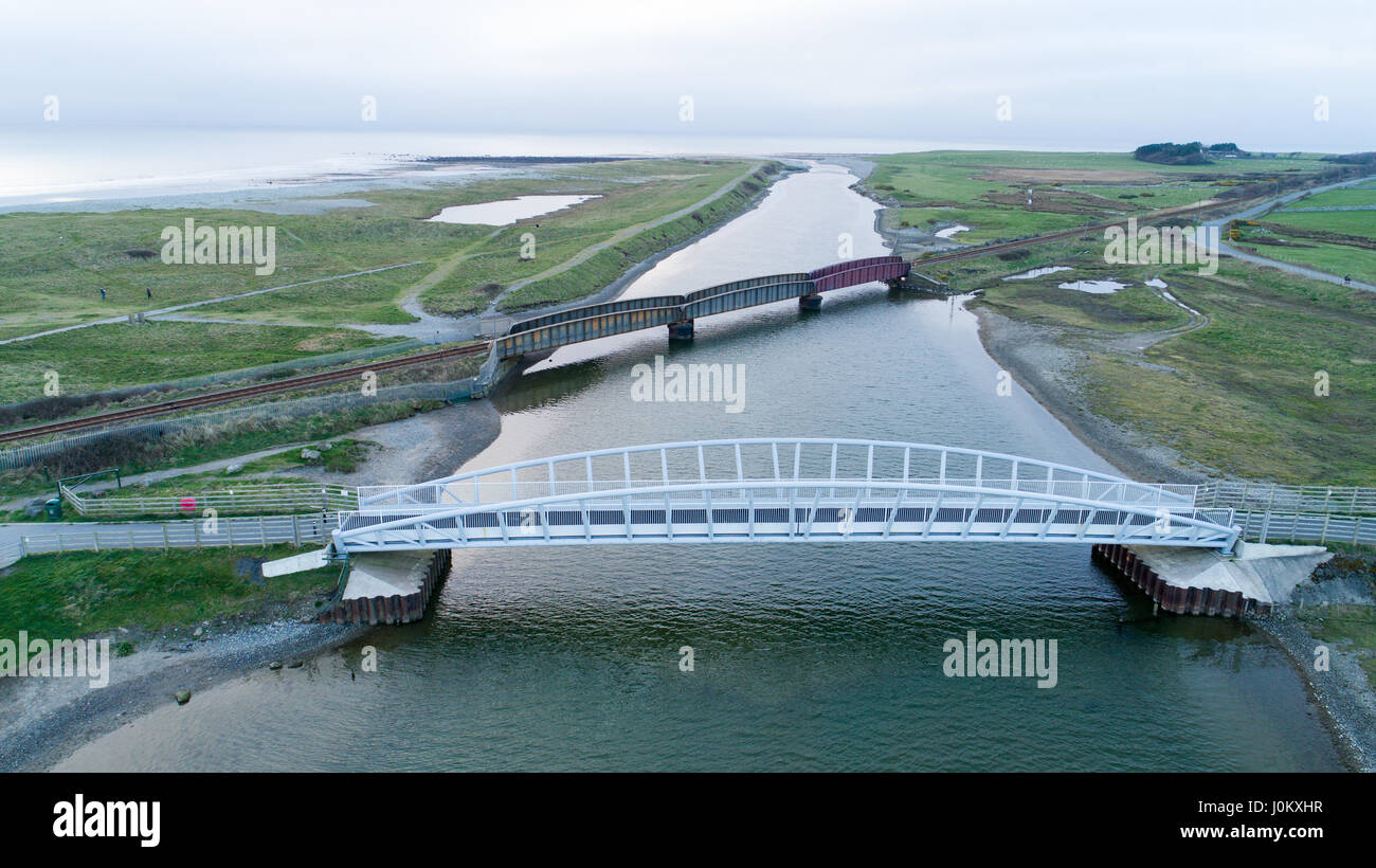 Aerial photographs of Bailey Bridge & Dysynni River in Tywyn. Taken with a Drone by Professional Operators Stock Photo