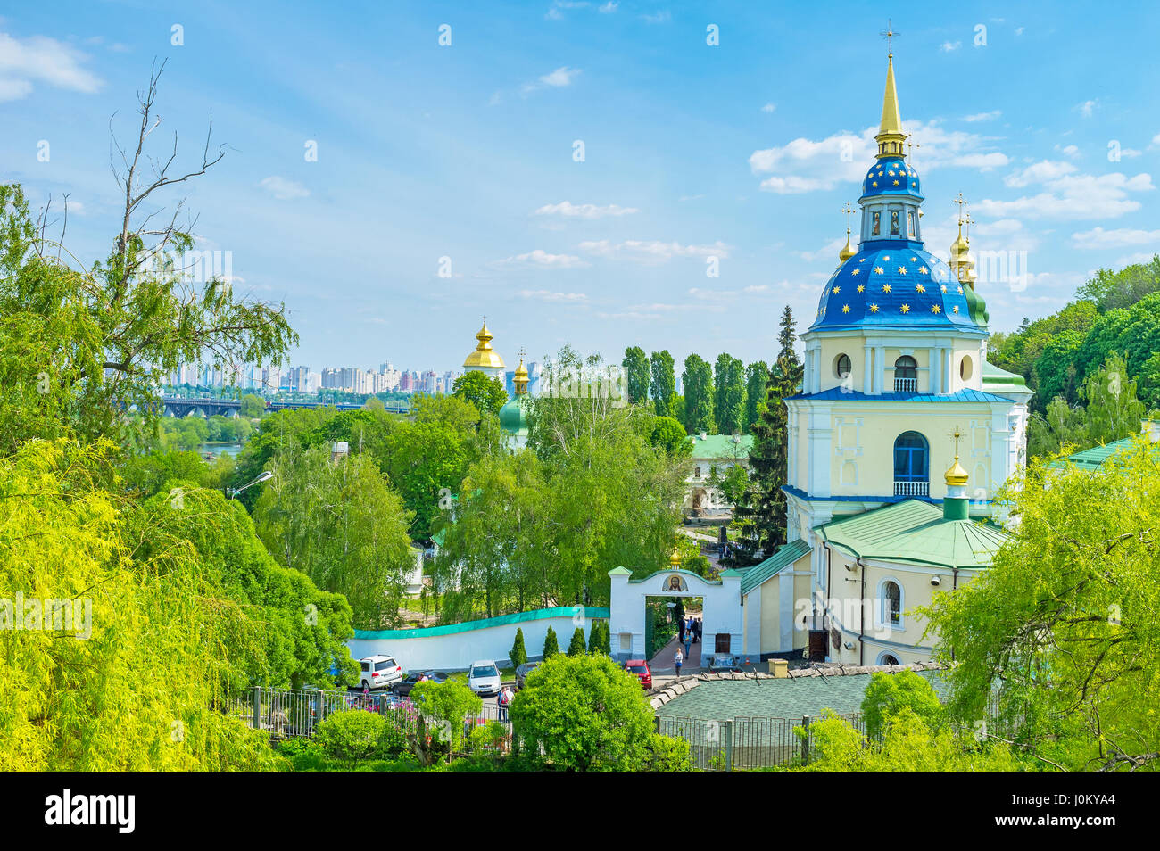 KYIV, UKRAINE - MAY 2, 2016: The view on Vydubychi Monastery from Botanical Garden in Kiev, on May 2, in Kyiv Stock Photo