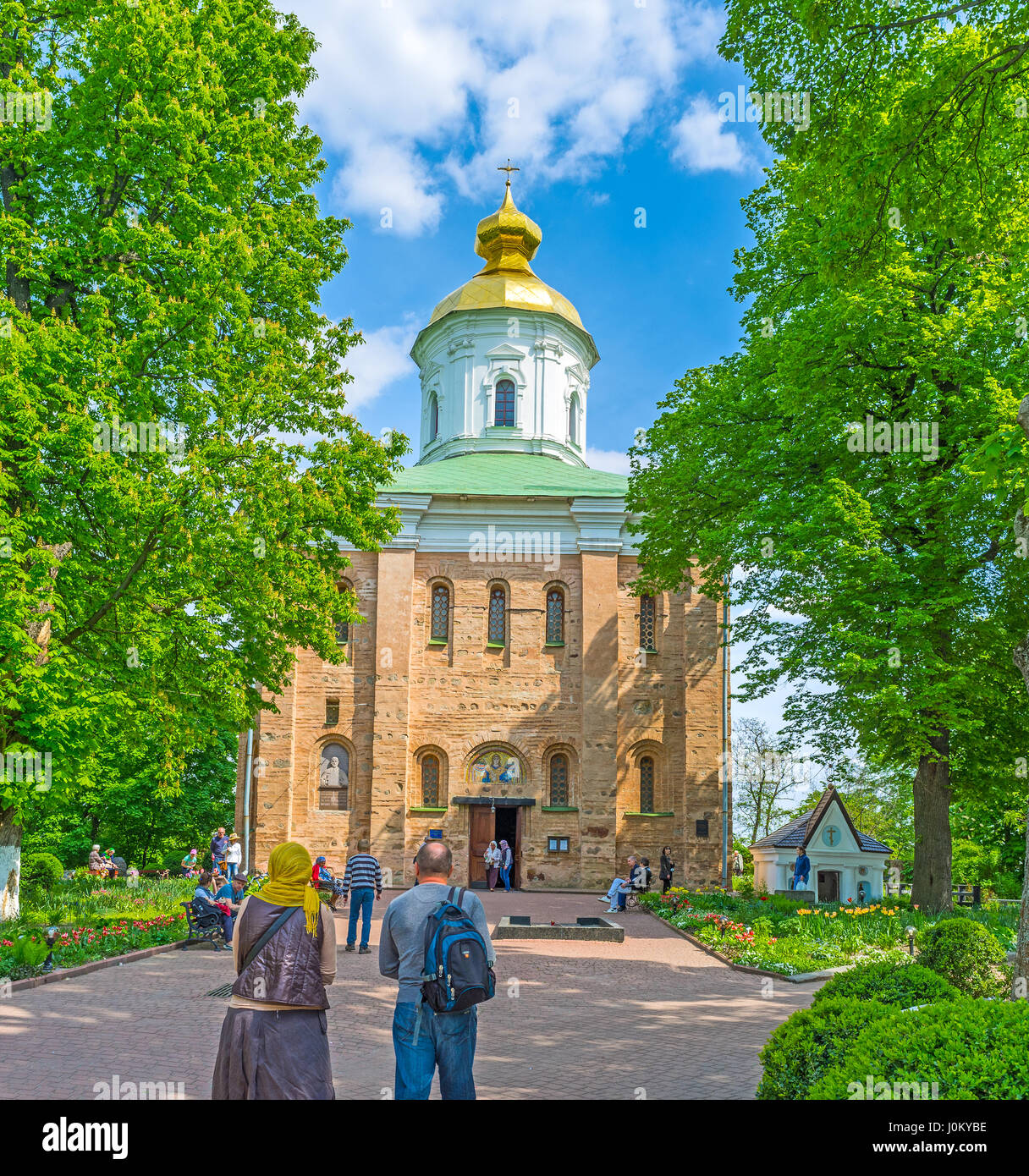 KIEV, UKRAINE - MAY 2, 2016: Saint Michael Church is the oldest building in Vydubychi Monastery ensemble with medieval walls from Kievan Rus period, o Stock Photo