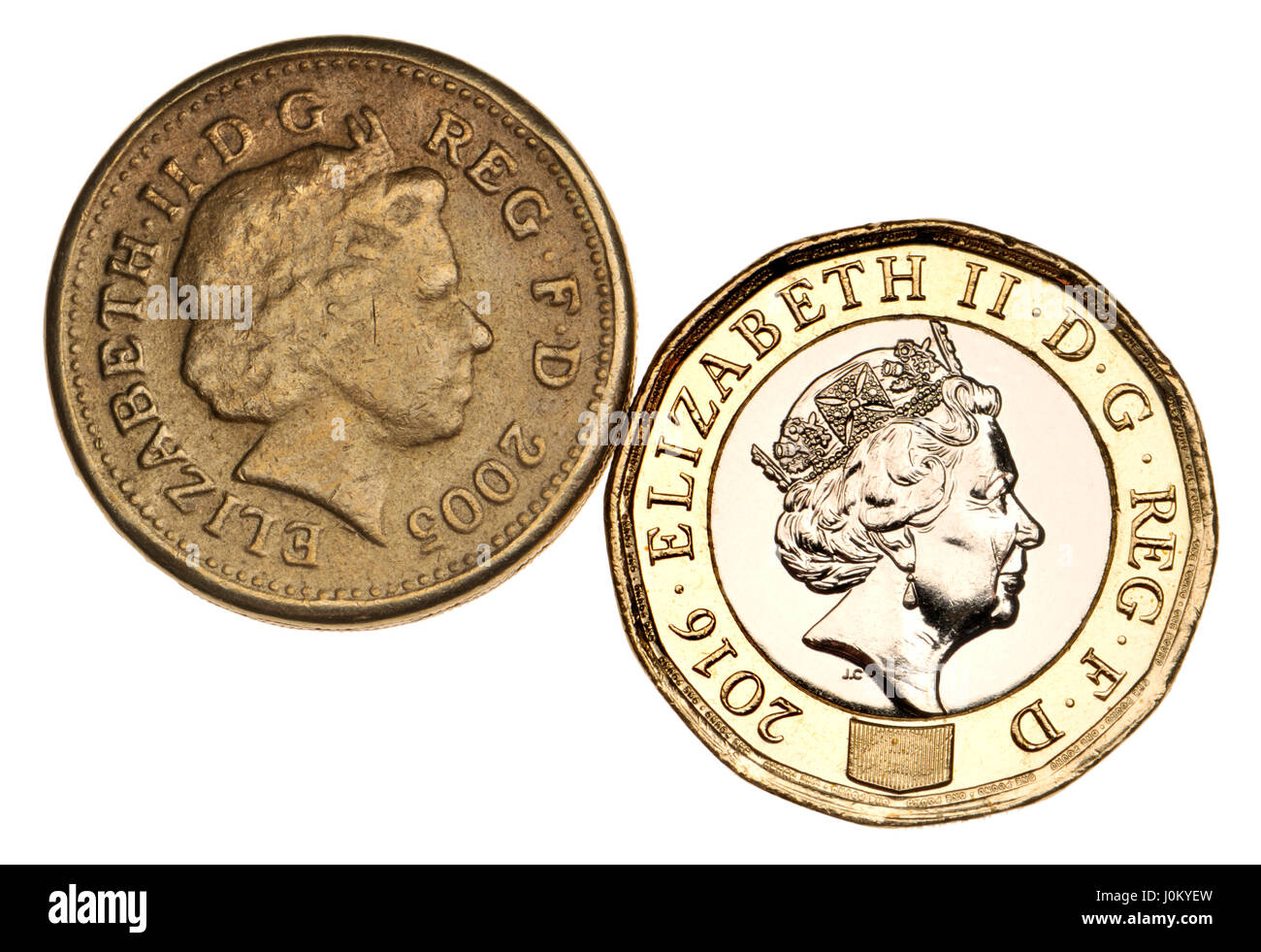 British pound coin - twelve-sided bimetallic 2017 release (dated 2016) next to an old counterfeit coin showing poor definition and detail Stock Photo