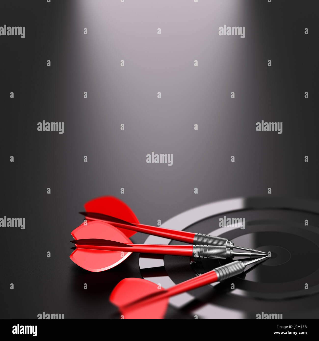 3D illustration of one target and three red darts over black background. Strategic business or marketing strategy concept. Stock Photo