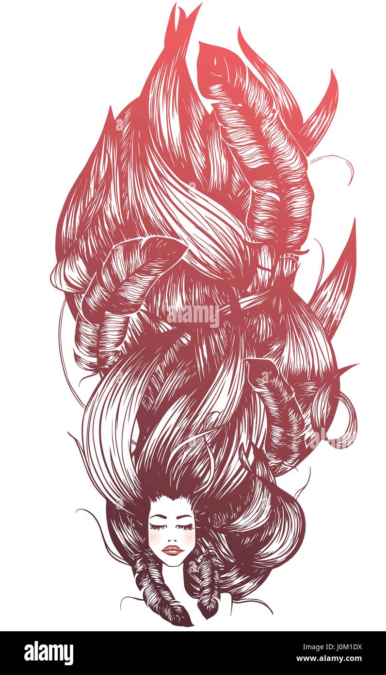 Vector Beautiful Woman With Long Hairs And Feathers Stock Vector