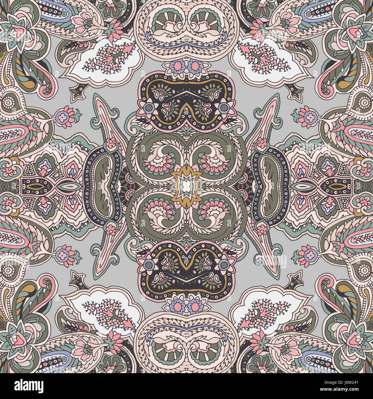 Seamless abstract geometric kaleidoscope paisley pattern. Traditional oriental ethnic ornament, on silver gray background. Textile design. Stock Vector
