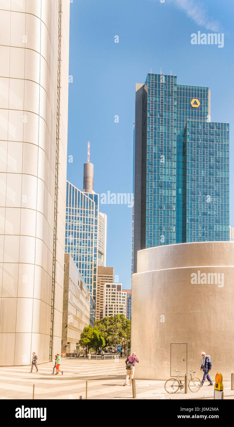 streeat scene in front of silver tower with commerzbank-tower, maintower and taunustower in the background Stock Photo