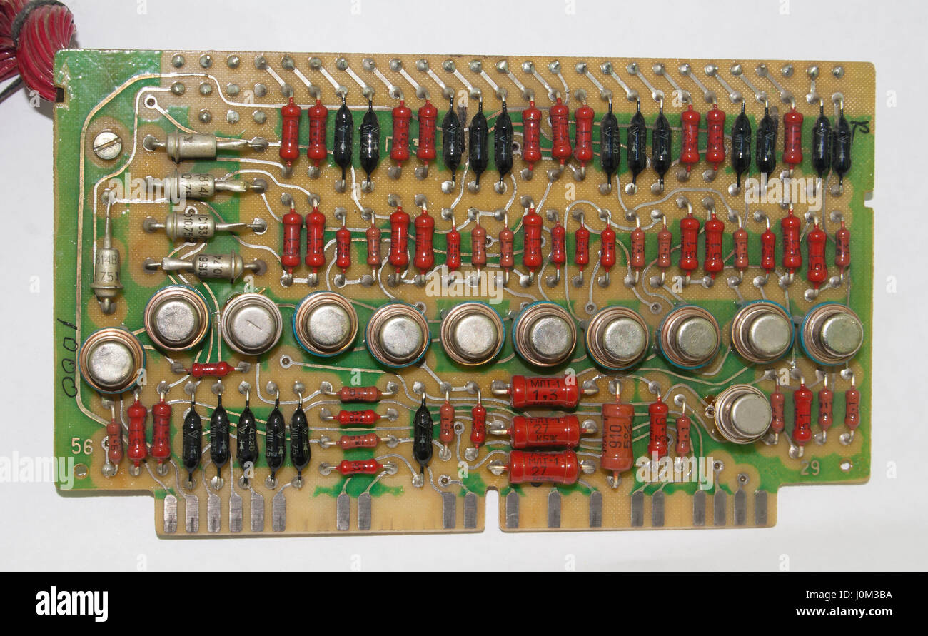 Old Vintage Printed Circuit Board With Electronic Components Stock