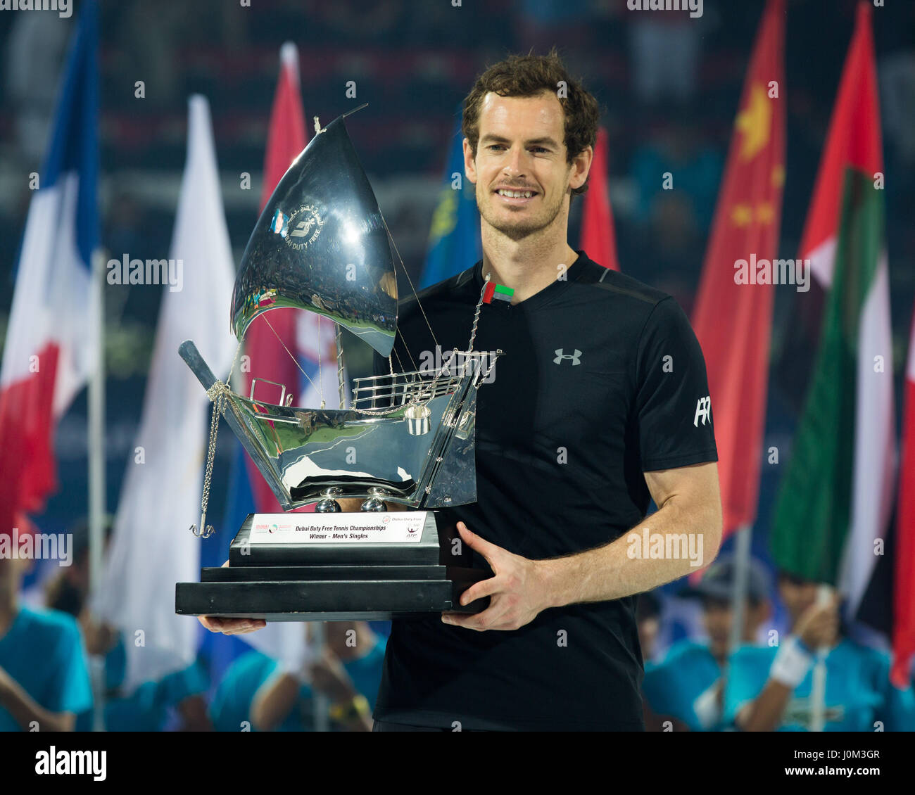 ANDY MURRAY (GBR),winner of the  Dubai Duty Free Tennis Championships holding the trophy. Stock Photo