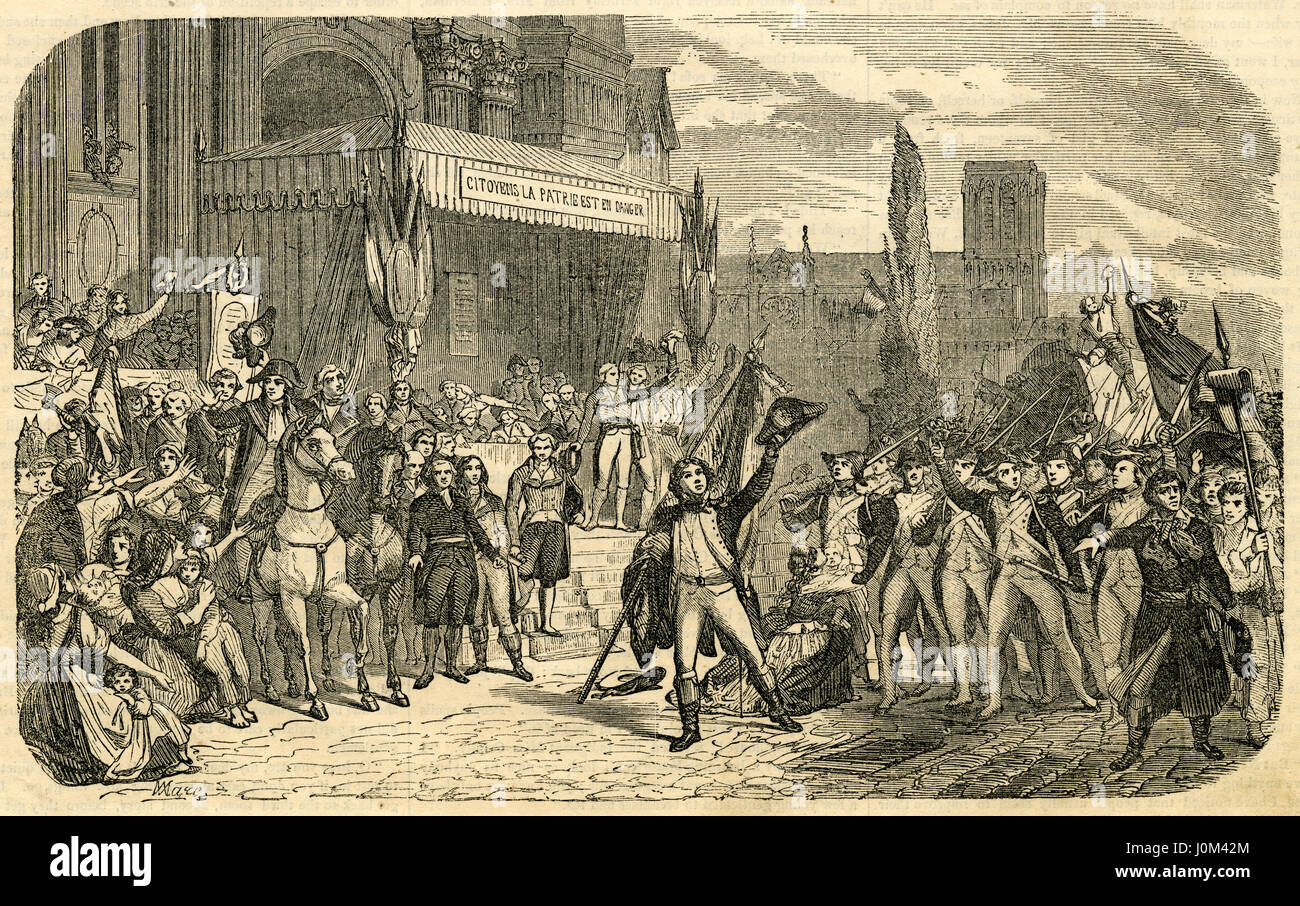 Antique 1854 engraving, 'Departure of the French Volunteers of 1792.' The scene gives one of the most interesting episodes of the old French Revolution, when the people flew to arms in the defense of the frontier. From the painting 'Départ des volontaires' by Auguste Vinchon. On the square of the Hotel de Ville, Robespierre is descending the steps; Vergniaud, Barbaroux, Camille Desmoulins, Andre Chenier are grouped below. General Dumouriez is on horseback, near the mayor of Paris, Petion. SOURCE: ORIGINAL ENGRAVING. Stock Photo