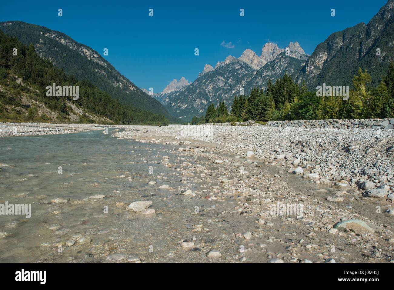 Dry Rocky River Ansiei Valley in Italian Dolomites. Italian Alps. Auronzo Di Cadore. Stock Photo