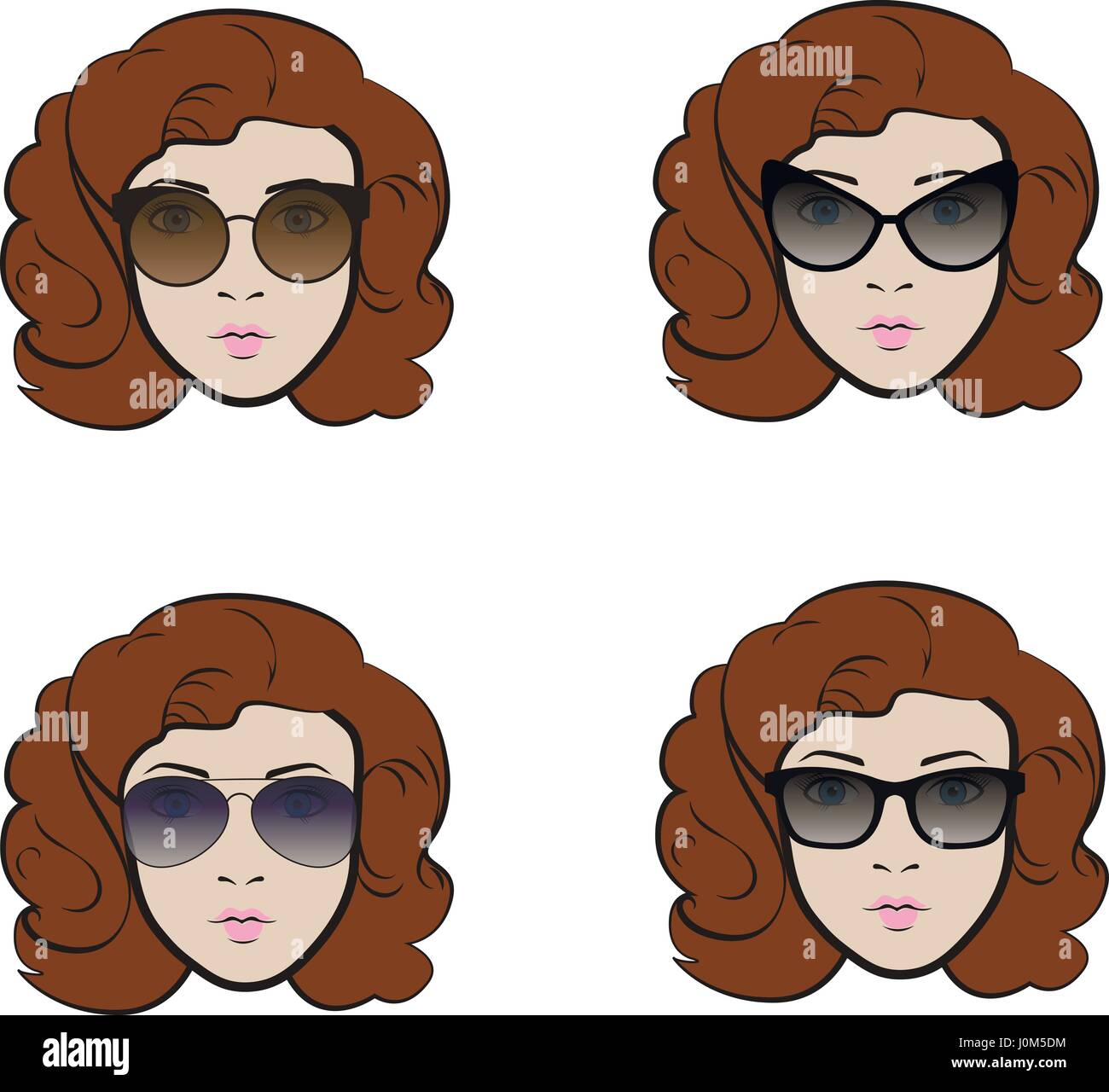 Set of different types of sunglasses presenting by cute woman Stock Vector