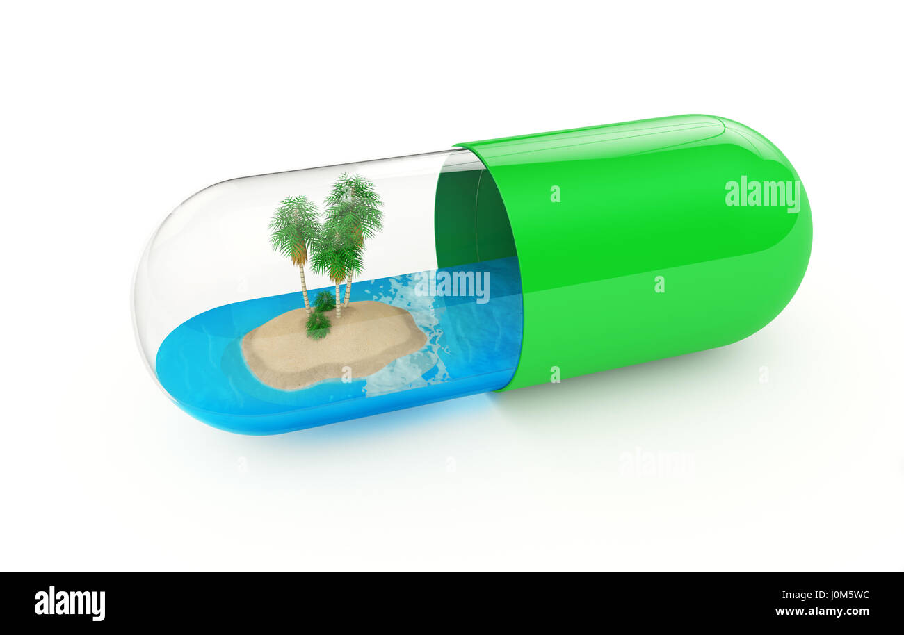 Tropical island inside of a pill Stock Photo