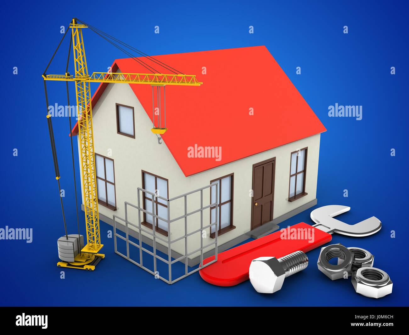 3d illustration of generic house over blue background with wrench and ...