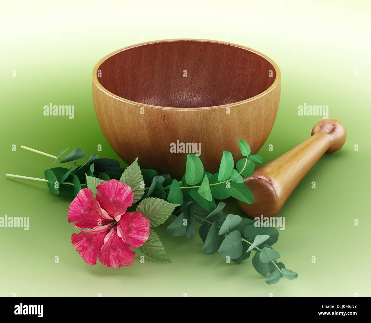 Mortar, pestle and flower isolated on green background. 3D illustration. Stock Photo