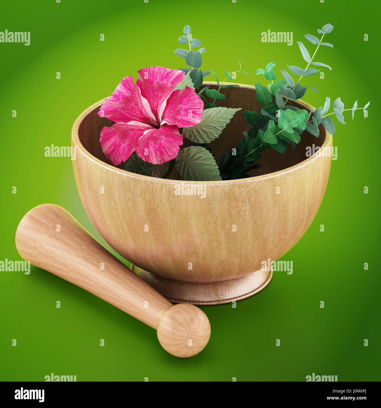Mortar, pestle and flower isolated on green background. 3D illustration. Stock Photo