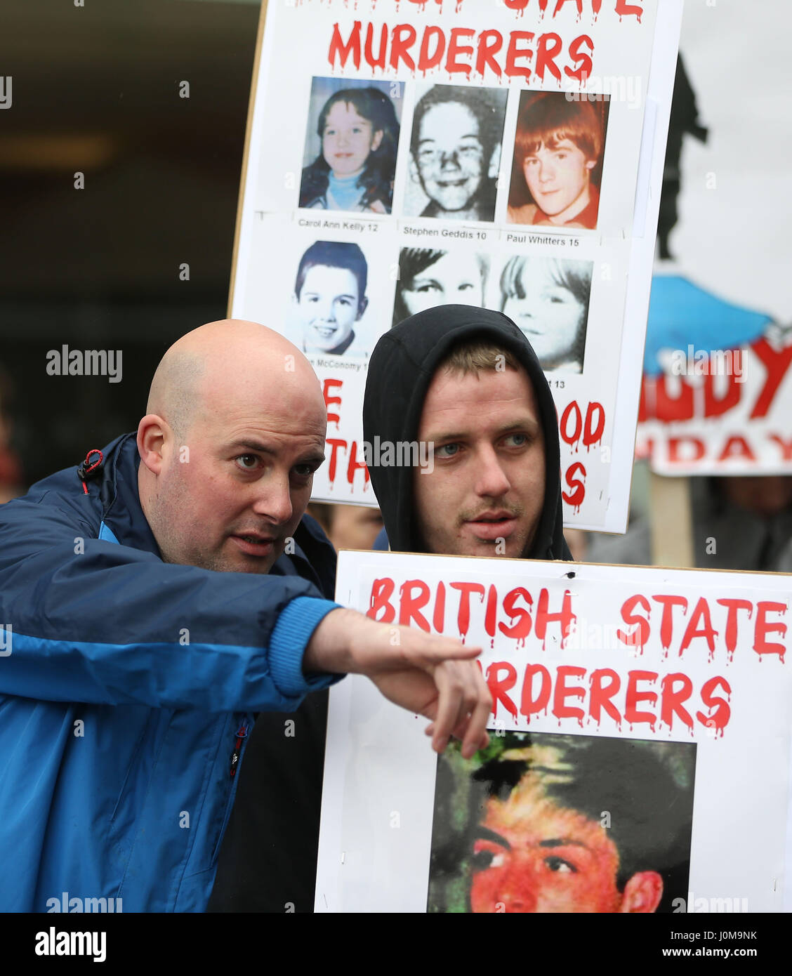 Dissident republican Dee Fennell (left) with republicans holding a counter demonstration against a military veterans' rally at City Hall, Belfast, which is seeking to highlight what it alleges is a legal witchhunt against former security members who served during the Troubles. Stock Photo
