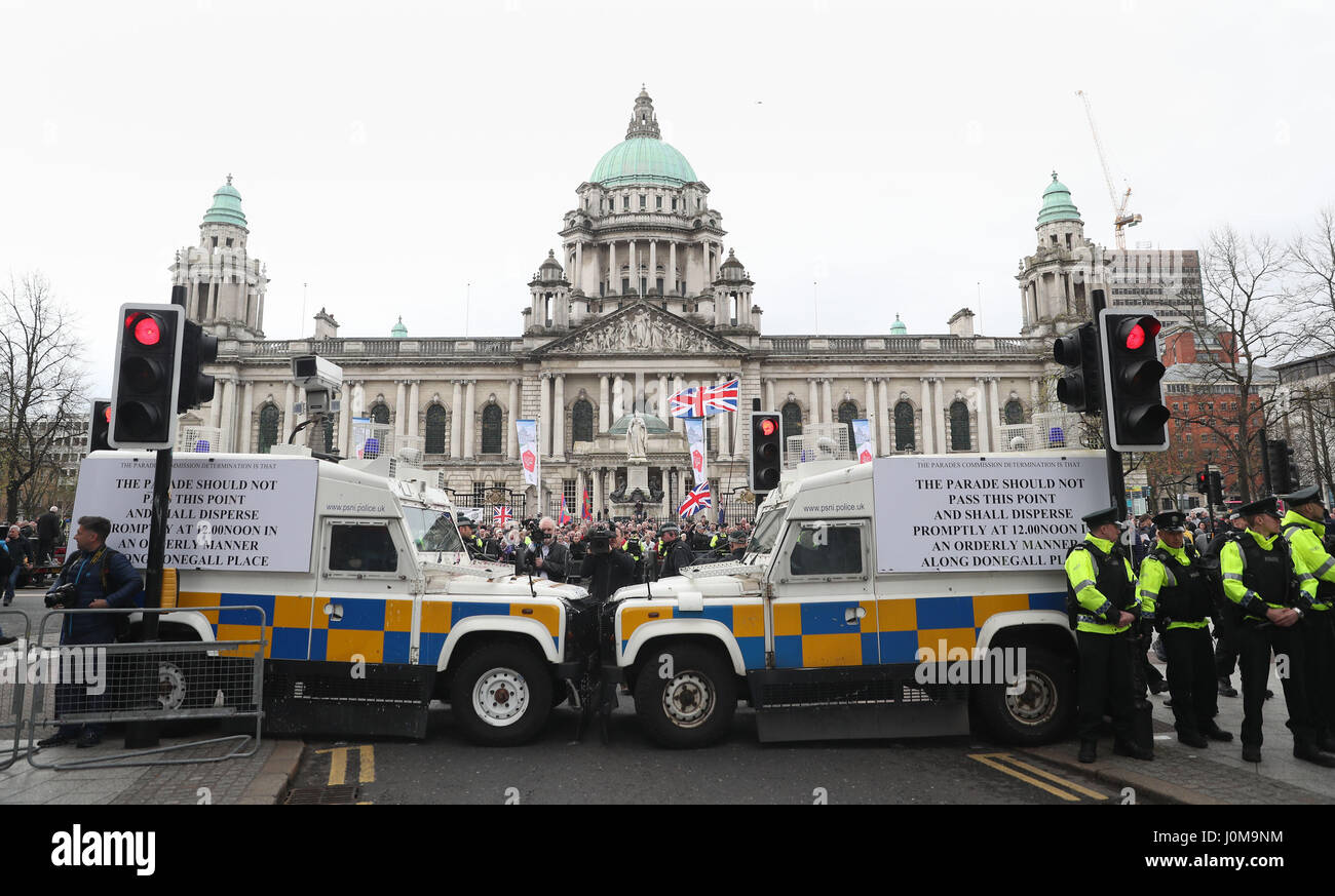 Protesters at a military veterans' rally at City Hall, Belfast, organised by Justice for Northern Ireland Veterans (JFNIV) which is seeking to highlight what it alleges is a legal witchhunt against former security members who served during the Troubles. Stock Photo