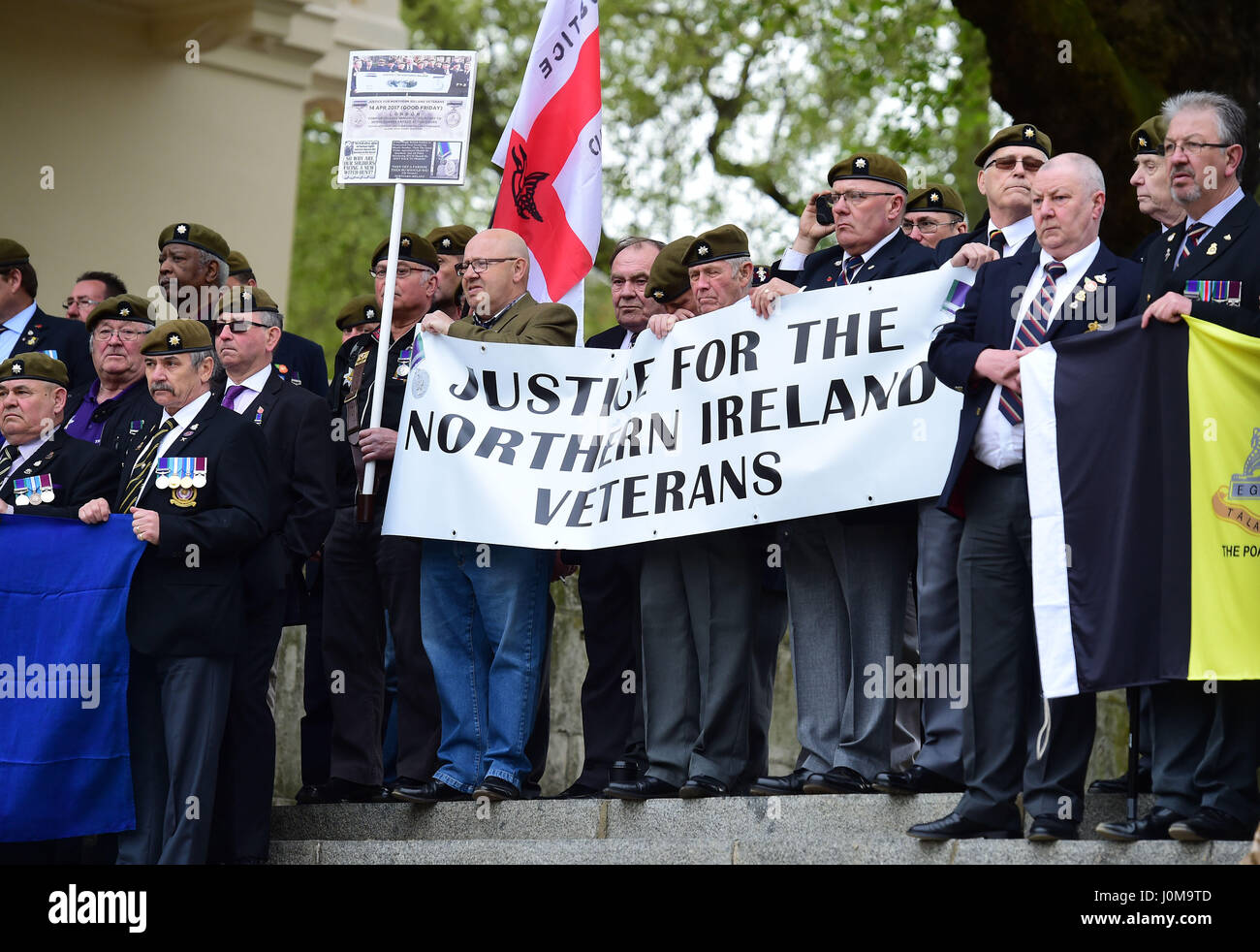Protesters at a military veterans' rally at Horse Guards Parade in London, organised by Justice for Northern Ireland Veterans (JFNIV) which is seeking to highlight what it alleges is a legal witchhunt against former security members who served during the Troubles. Stock Photo