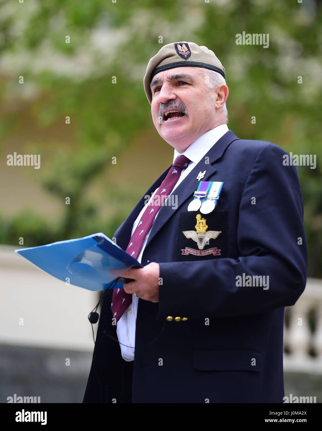 Robin Horsfall speaking at a military veterans' rally at Horse Guards Parade in London, organised by Justice for Northern Ireland Veterans (JFNIV) which is seeking to highlight what it alleges is a legal witchhunt against former security members who served during the Troubles. Stock Photo