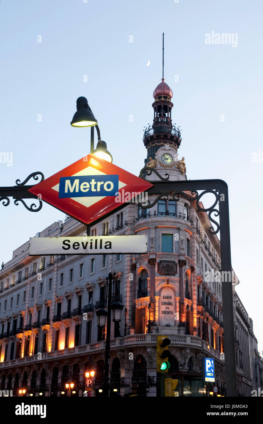 Metro Sevilla entrance. Madrid, Spain. Stock Photo