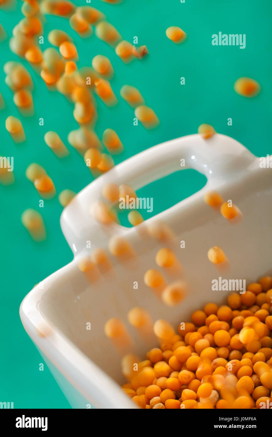 Pouring white mustard seeds into a bowl. Close up view. Stock Photo
