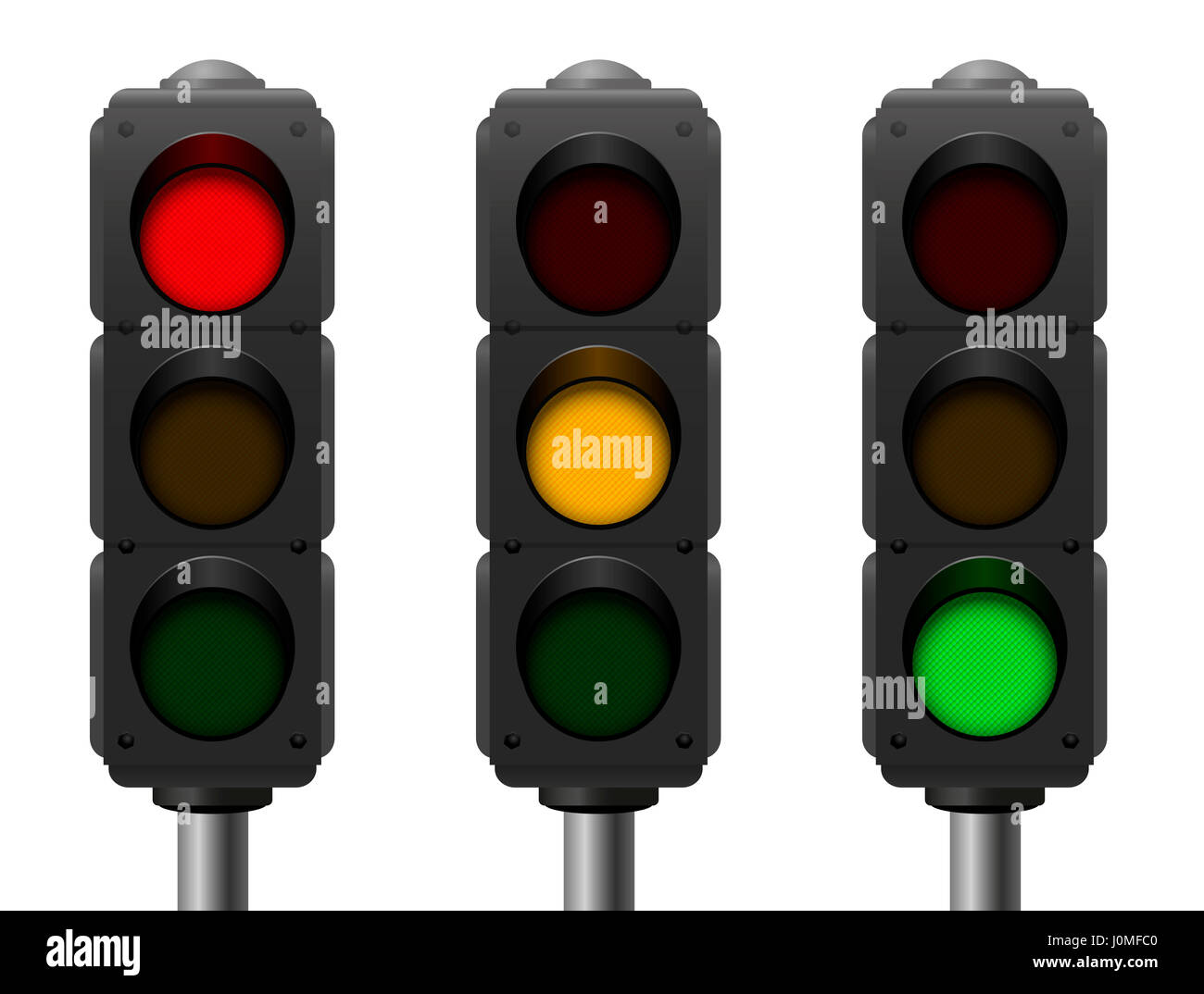 Traffic lights with three different signals - red, yellow, green - realistic three-dimensional isolated illustration on white background. Stock Photo