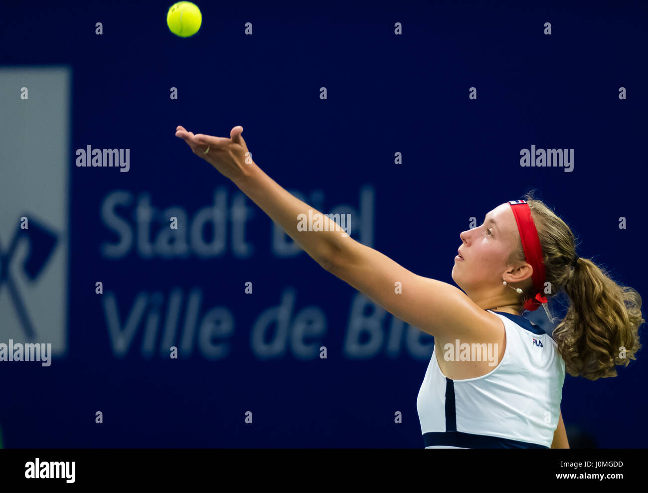 BIEL, SWITZERLAND APRIL 12 Elise Mertens in action at the 2017