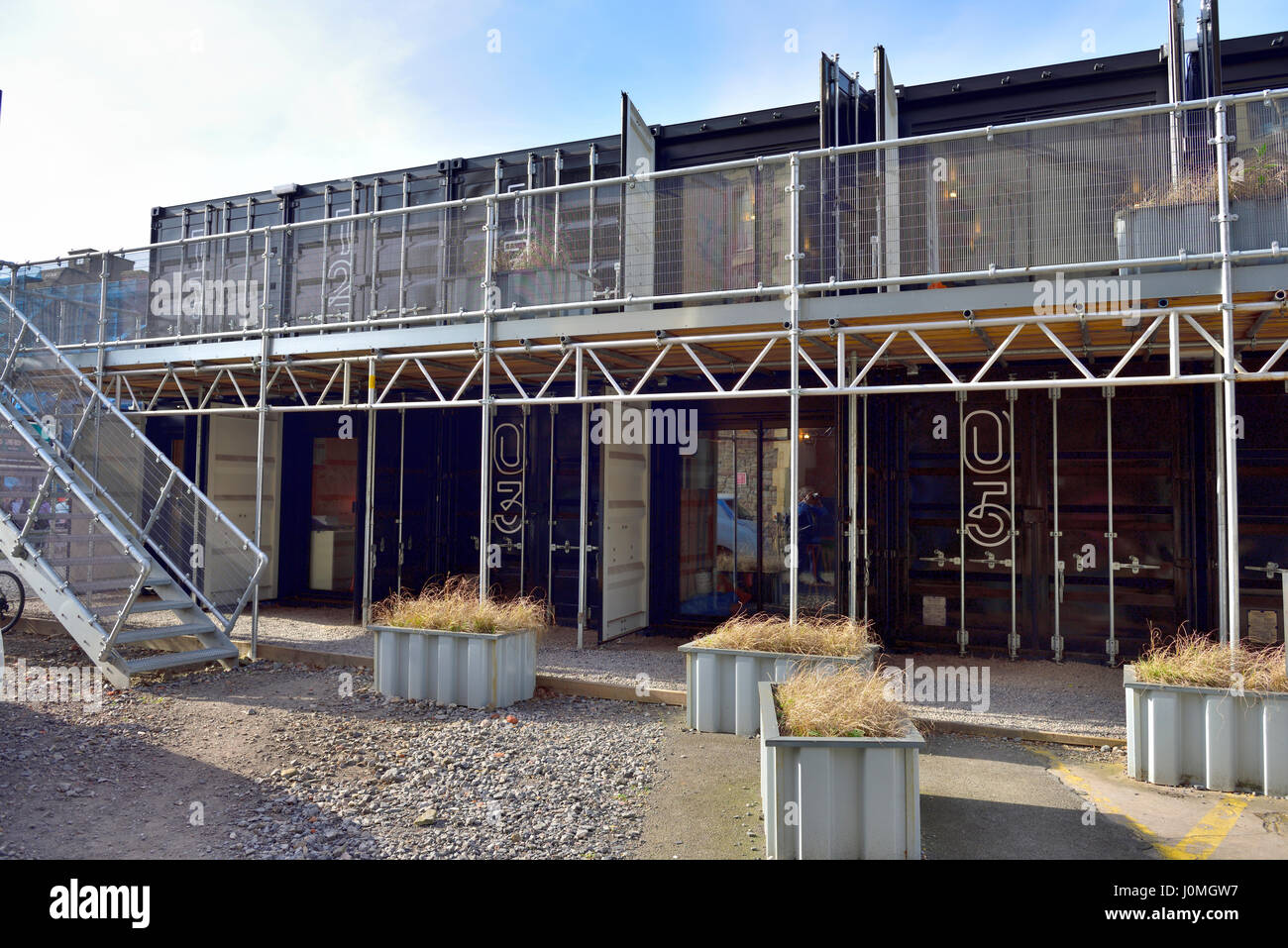 Engine Shed Boxworks temporary small business office space constructed out of shipping containers, Bristol, St Philip's Marsh, Temple Meads, UK Stock Photo