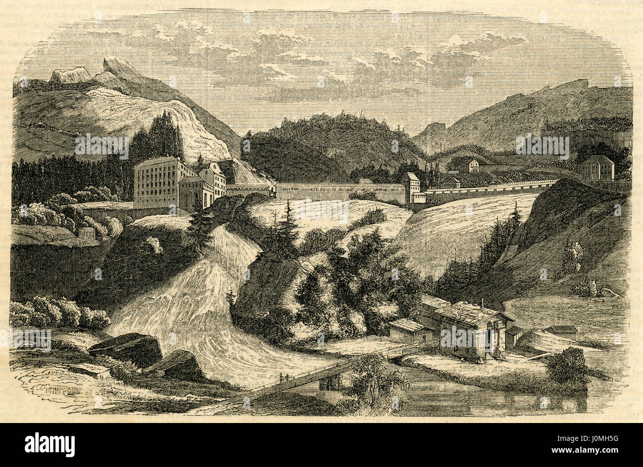 Antique 1854 engraving, 'Mineral Baths at Gastein in Germany.' Bad Gastein (formerly Badgastein) is a spa town in the district of St. Johann im Pongau, in the Austrian state of Salzburg. Picturesquely situated in a high valley of the Hohe Tauern mountain range, it is known for the Gastein Waterfall and a variety of Belle ƒpoque hotel buildings. SOURCE: ORIGINAL ENGRAVING. Stock Photo